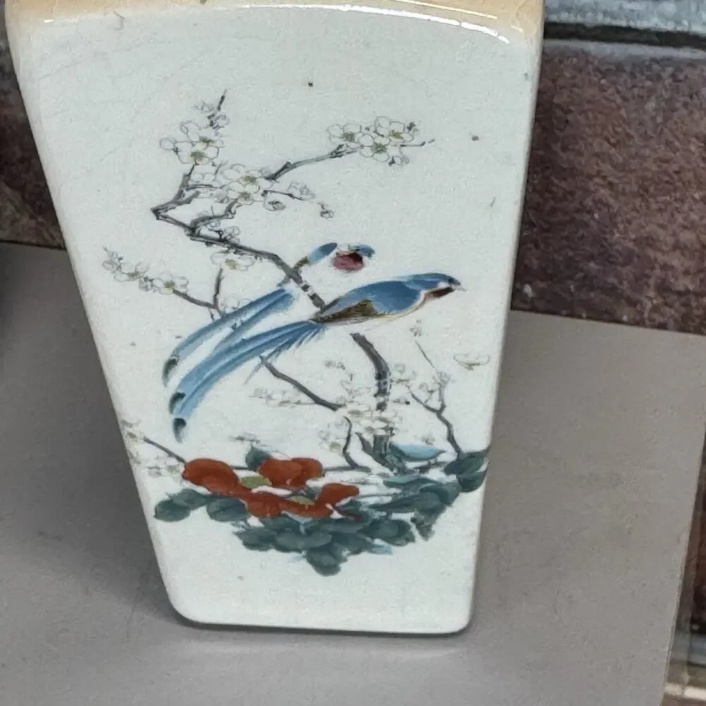 Set of 2 Vtg Treasure Craft Crackle Small Vases Birds Asian Flowers MCM USA Made
